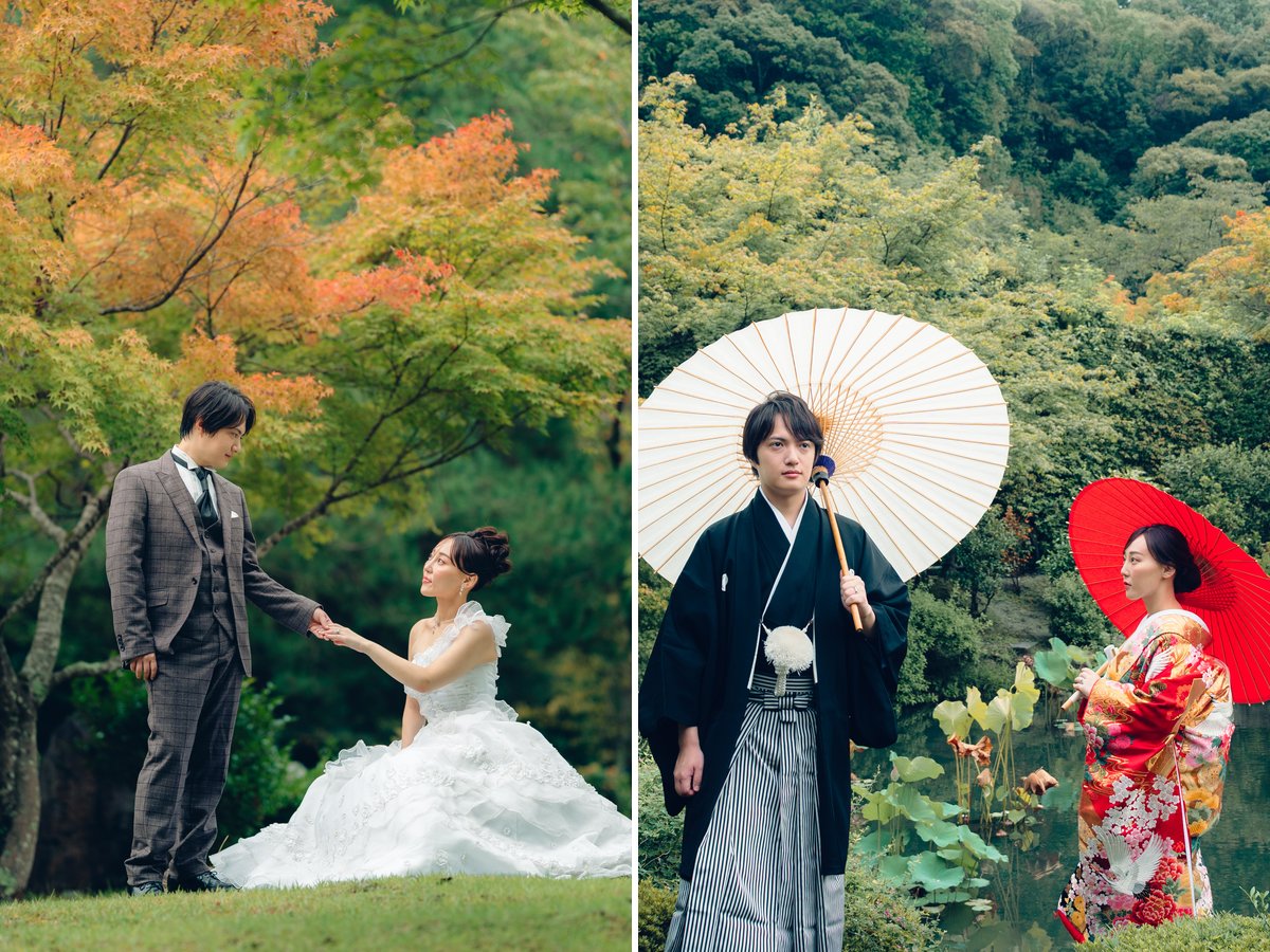 Western and Japanese attire wedding photos in Kyoto